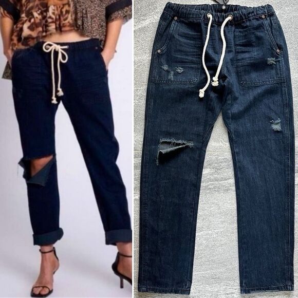 NWT One Teaspoon x Free People Shabbies Drawstring Denim Joggers in Fox Black S - Picture 1 of 16